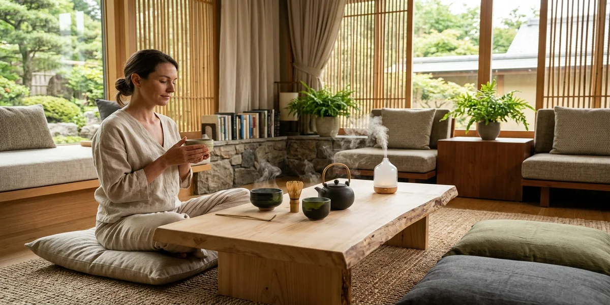 Ambiente Cálido con Piso de Madera Natural, Aromaterapia y Té de Hierbas